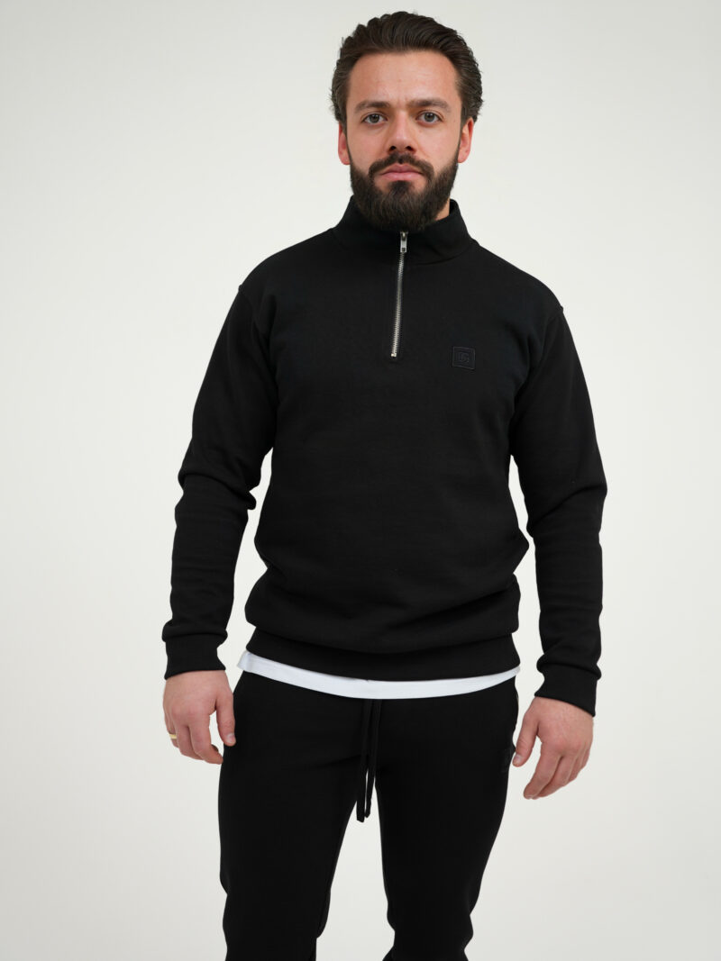 Bluza męska ze stójką BG EDGE – czarny, przód z zapiętym zamkiem
