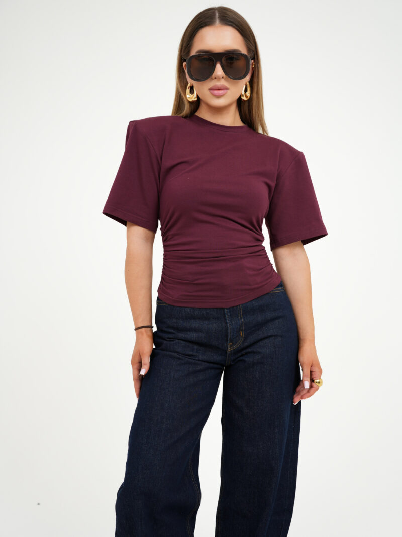 Bluzka damska z drapowaniem BG CINCH – bordo, przód bluzki